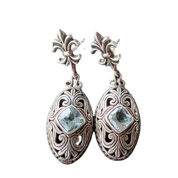 New Sterling Silver and Fleur-de-lis Blue Topaz  Dangle Drop Earrings - Picture 2 of 8